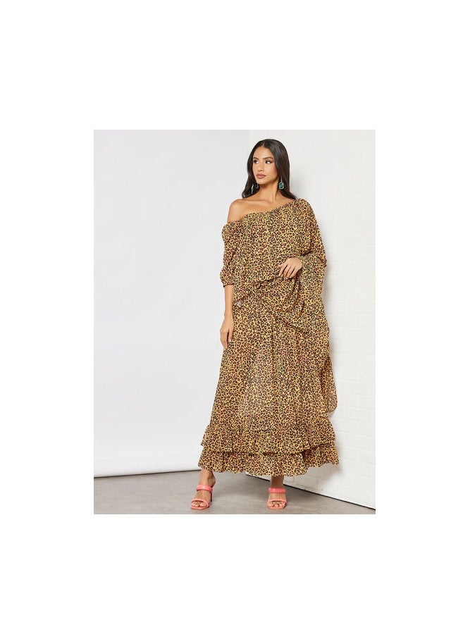 AKS Leopard Print Ruffled Saree With Blouse Yellow  - Image 3