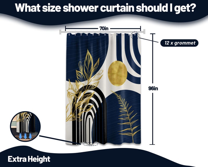 QGHOT Boho Mid Century Modern Shower Curtain Navy Blue Shower Curtains for Mens Bathroom Decor Bohemian Dark Blue and Gold Leaves MCM Bath Curtain Set  Waterproof Fabric with Hooks  70"" W x 96"" L - Image 4