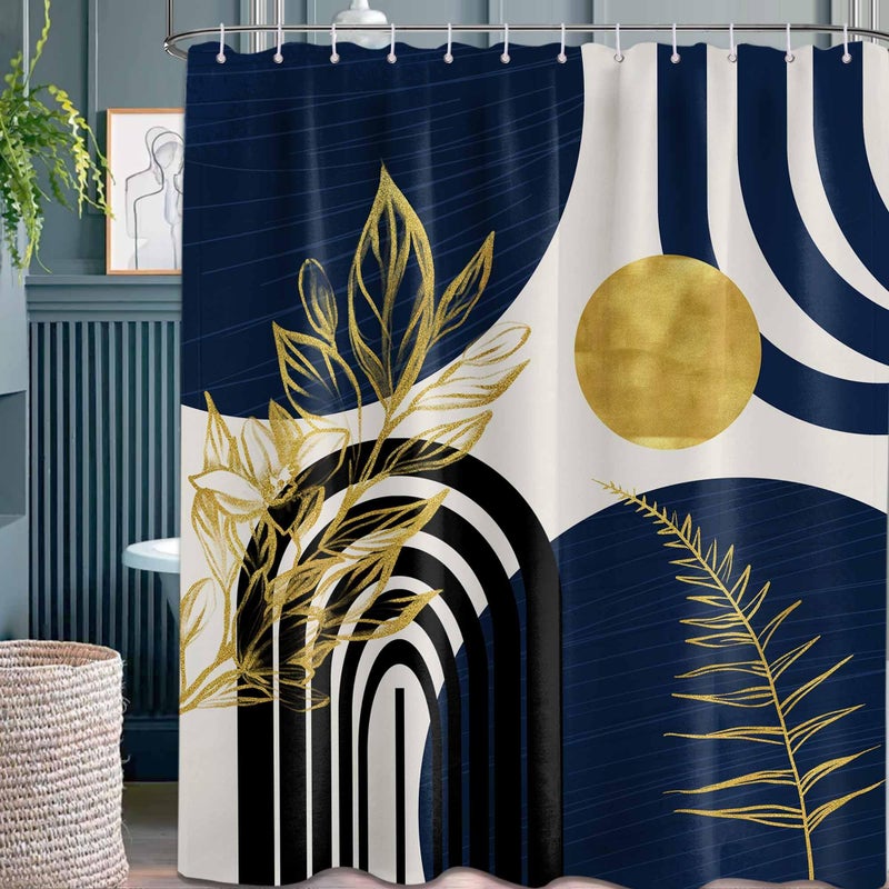 QGHOT Boho Mid Century Modern Shower Curtain Navy Blue Shower Curtains for Mens Bathroom Decor Bohemian Dark Blue and Gold Leaves MCM Bath Curtain Set  Waterproof Fabric with Hooks  70"" W x 96"" L - Image 1