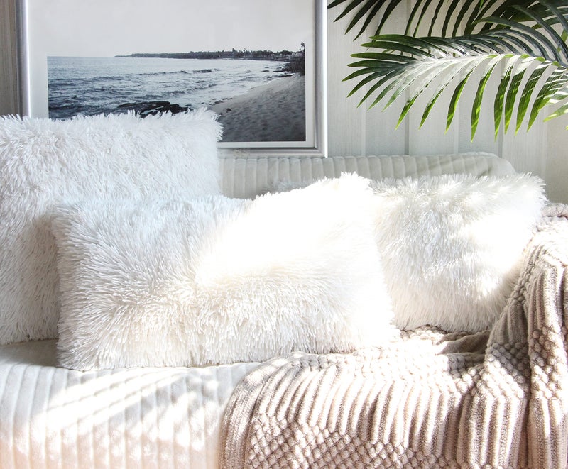 Uhomy 2 Packs Fluffy Accent Pillows Cover 20"x12", Soft White Faux Fur Throw Pillow Case, Modern Luxury Decorative Square Cushion Cover for Farmhouse Home Decor for Sofa/Bed/Chair, 50x30cm - Image 5