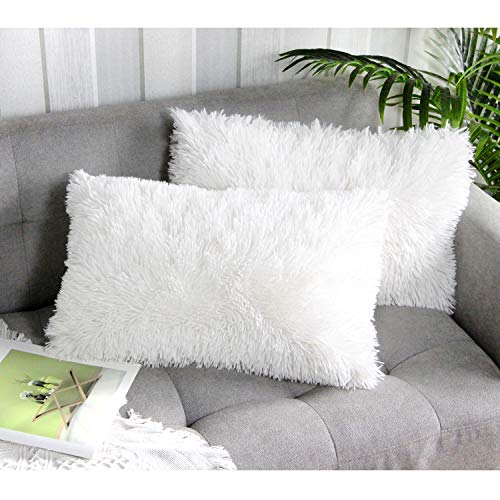 Uhomy 2 Packs Fluffy Accent Pillows Cover 20"x12", Soft White Faux Fur Throw Pillow Case, Modern Luxury Decorative Square Cushion Cover for Farmhouse Home Decor for Sofa/Bed/Chair, 50x30cm - Image 1