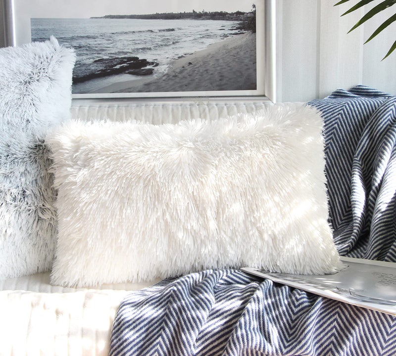 Uhomy 2 Packs Fluffy Accent Pillows Cover 20"x12", Soft White Faux Fur Throw Pillow Case, Modern Luxury Decorative Square Cushion Cover for Farmhouse Home Decor for Sofa/Bed/Chair, 50x30cm - Image 4