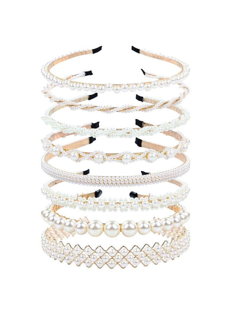 Cinaci Cinaci 8 Pieces Decorative Gold Wedding Birthday Party Prom Artificial Pearl Headbands Bling Beaded Hair Tiaras Hoops Headpieces Accessories for Women Girls Teens Kids 