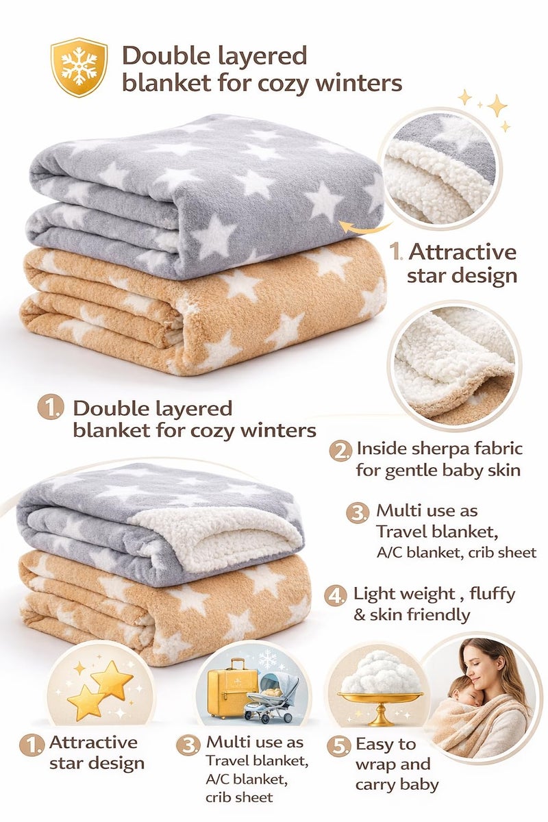 BRANDONN Fleece New Born All Season Ultrasoft Single Baby Blanket for Babies (Beige/Grey, Pack of 2, Reversible) - Image 3
