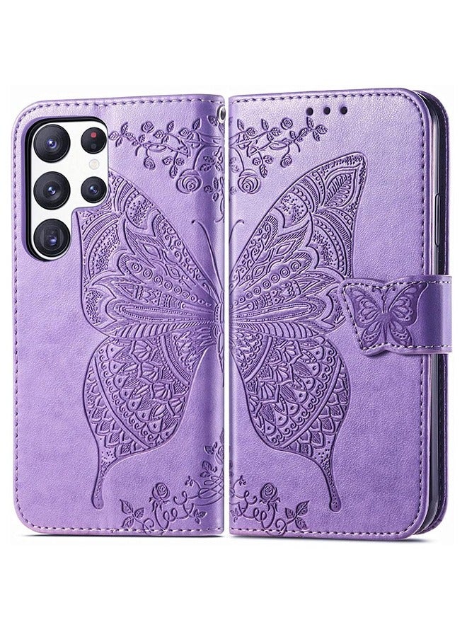 Samsung Galaxy S23 Ultra Case, Samsung S23 Ultra 5G Wallet Case, Lovely Butterfly Premium PU Leather [Kickstand][Card Slots][Wrist Strap][6.8 inch] Phone Cover for Samsung S23 Ultra (Lavender)  - Image 1