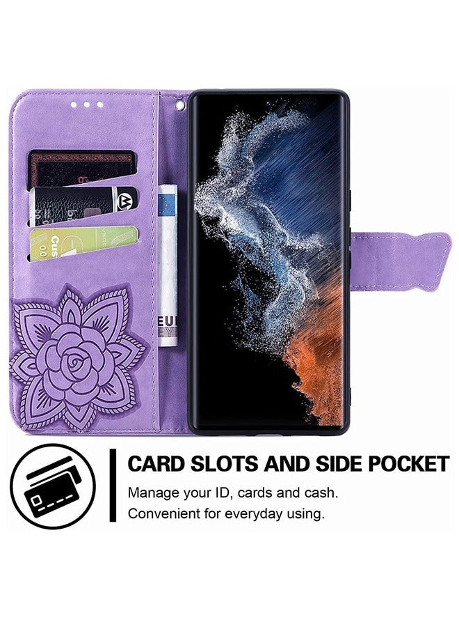 Samsung Galaxy S23 Ultra Case, Samsung S23 Ultra 5G Wallet Case, Lovely Butterfly Premium PU Leather [Kickstand][Card Slots][Wrist Strap][6.8 inch] Phone Cover for Samsung S23 Ultra (Lavender)  - Image 3