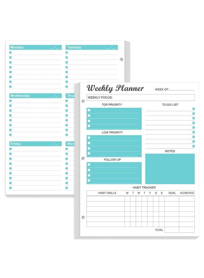 Yaridar 3-Hole Weekly Planner Refills - 53 Sheets/106 Pages Weekly Planner for 3 Ring Binders, 100 gsm White Paper, Lasts 1 Year, Undated, 8.5'' x 11'', Teal - Image 1