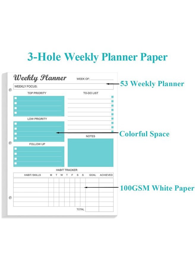 Yaridar 3-Hole Weekly Planner Refills - 53 Sheets/106 Pages Weekly Planner for 3 Ring Binders, 100 gsm White Paper, Lasts 1 Year, Undated, 8.5'' x 11'', Teal - Image 3