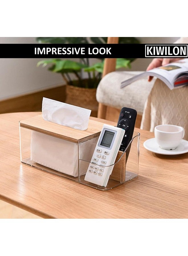 Kiwilon Multi-Purpose Tissue Paper Holder Box - Transparent PET | Comes Up with Remote Holder-Cosmetic Holder and Bamboo Lid | Durable Material Made | Stylish & Modern (Clear) - Image 5