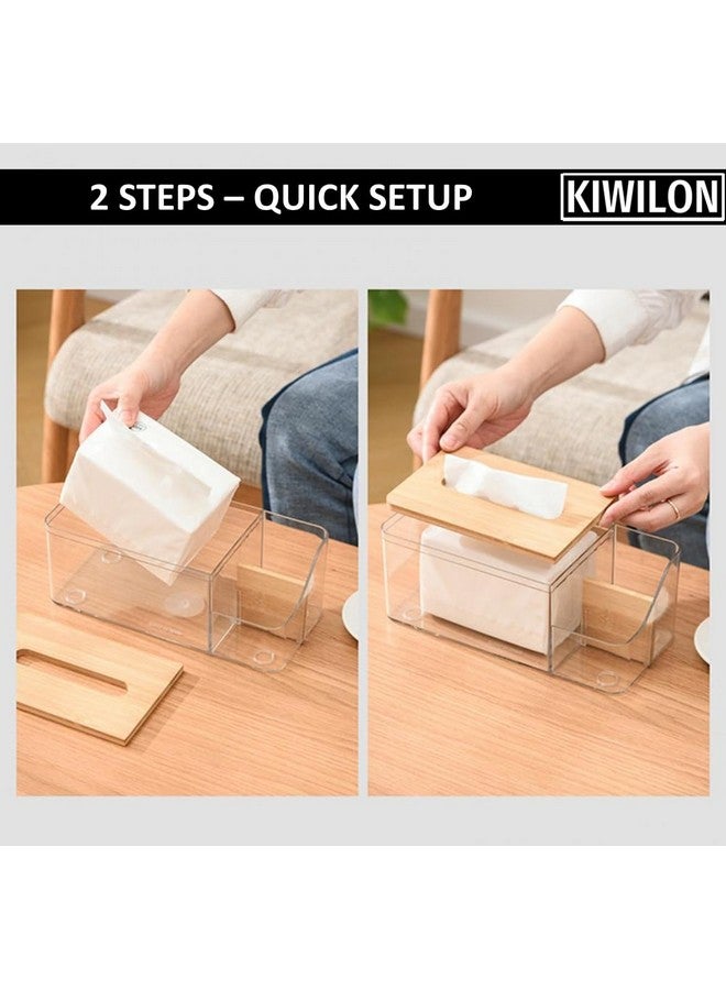 Kiwilon Multi-Purpose Tissue Paper Holder Box - Transparent PET | Comes Up with Remote Holder-Cosmetic Holder and Bamboo Lid | Durable Material Made | Stylish & Modern (Clear) - Image 4
