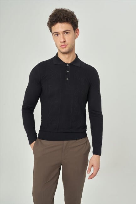 Bisse Men's Polo Neck Buttoned Knitwear BLACK TR21K21202_D99  - Image 3