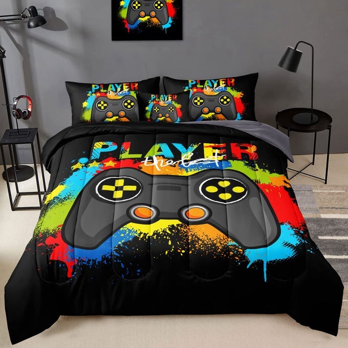 6 PIECES GAMER COMFORTER SET FOR BOYS GAMING BEDDING SET QUEEN SIZEVIDEO GAME CONTROLLER COMFORTER FOR KIDS ADULT 3D GAMEPAD MICROFIBER BEDDING SETS 6 PIECES BED IN A BAG SETS30019QUEEN