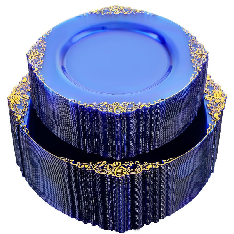 Joyido 102PCS Blue Plastic Plates  Royal Gold Disposable Plates  Clear Blue Party Plate  Heavyweight Disposable Plate with Gold Rim  Fancy Dinner  Dessert Plates for 51 Guests Graduation Weddings