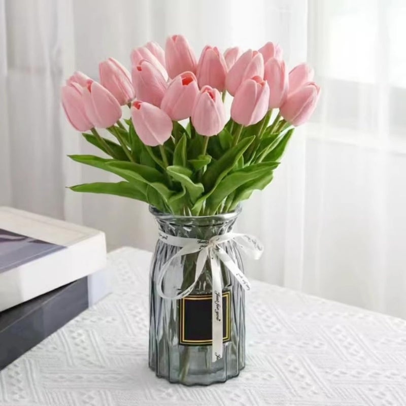 SHINE-CO LIGHTING Artificial Tulips 20Pcs Real Touch Fake Tulips PU Flower Arrangement Bouquets for Home Party Decoration Holiday (Pink) - Image 1