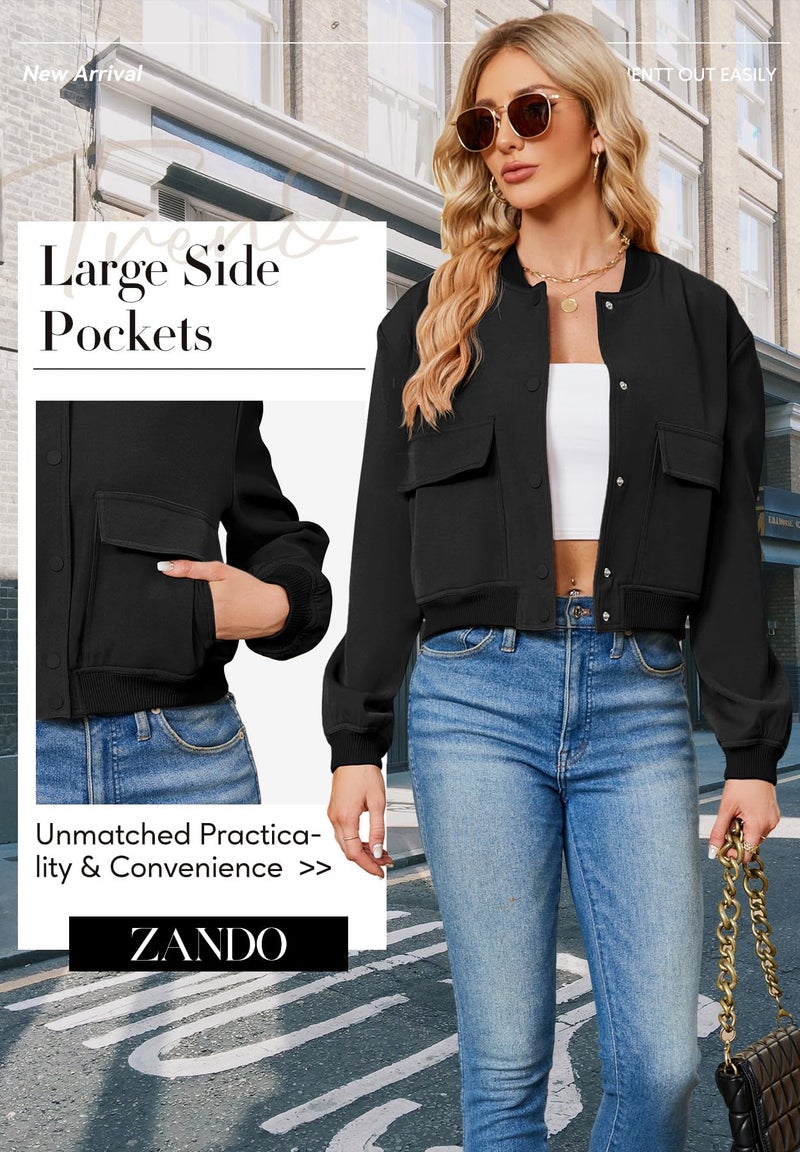 Zando Black Spring Jackets for Women 2026 - Short Black Cropped Jacket Women Button Down Womens Jackets Fall with Side Pockets Long Sleeve Varsity Jacket Womens for Daily Outdoor Travel Parties M - Image 5