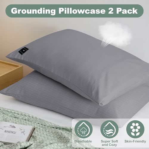 NHIDKU 2PCS 2030Grounding Pillowcase with Grounding Cord Soft and Comfortable Cotton Grounding Pillow Cover Reduce Inflammation Sleep Therapy Conductive Pillowcases Gray - Image 3