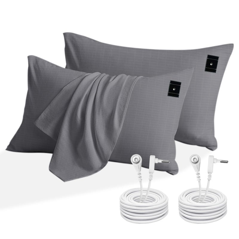NHIDKU 2PCS 2030Grounding Pillowcase with Grounding Cord Soft and Comfortable Cotton Grounding Pillow Cover Reduce Inflammation Sleep Therapy Conductive Pillowcases Gray - Image 2