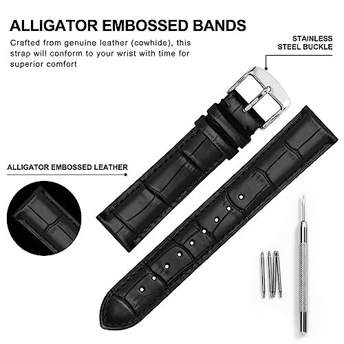 BISONSTRAP Watch Bands 22mm, Alligator Embossed Leather Watch Straps, Black with Silver Buckle - Image 4