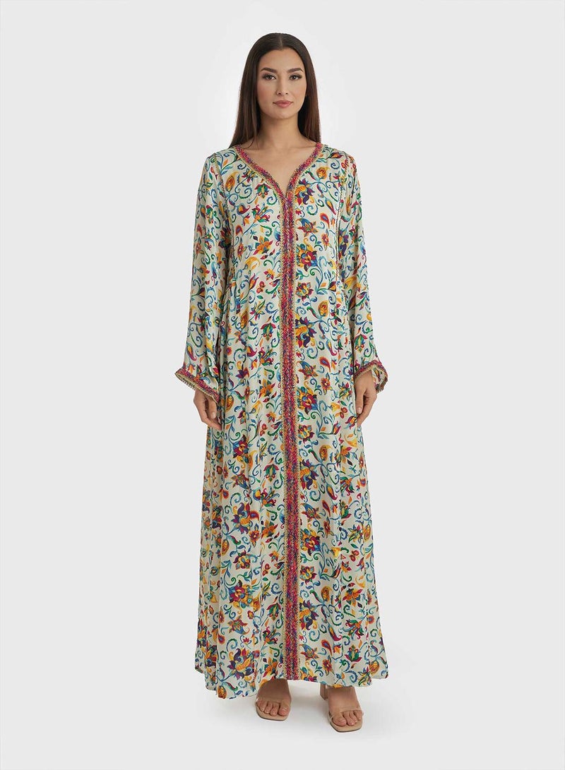 KASHKHA Satin Floral Print Jalabiya with Thread Embroidery - Image 1