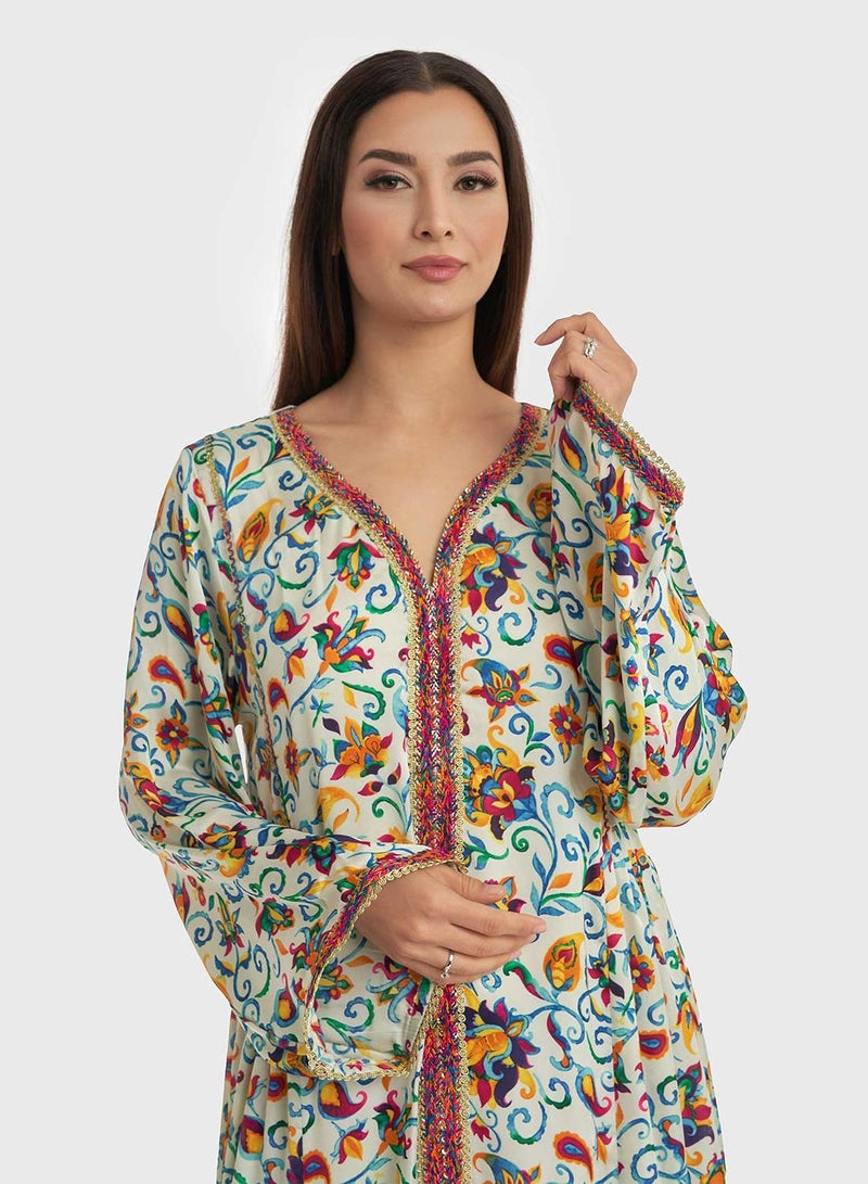 KASHKHA Satin Floral Print Jalabiya with Thread Embroidery - Image 2