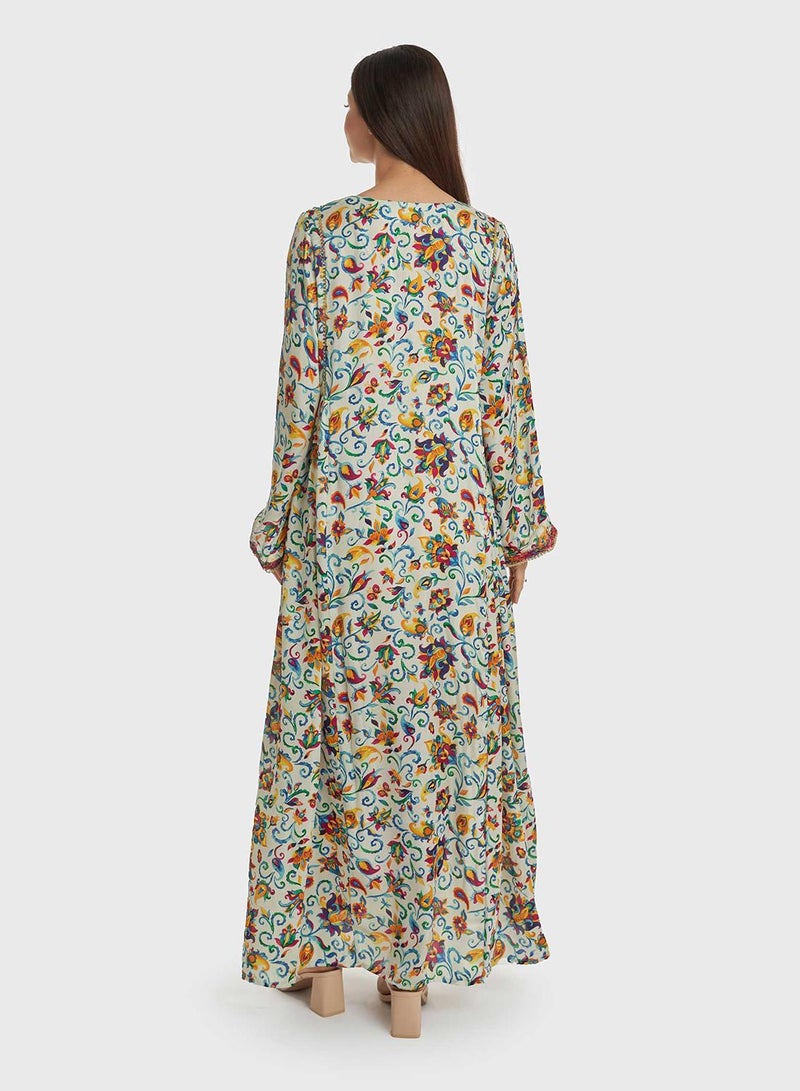 KASHKHA Satin Floral Print Jalabiya with Thread Embroidery - Image 4