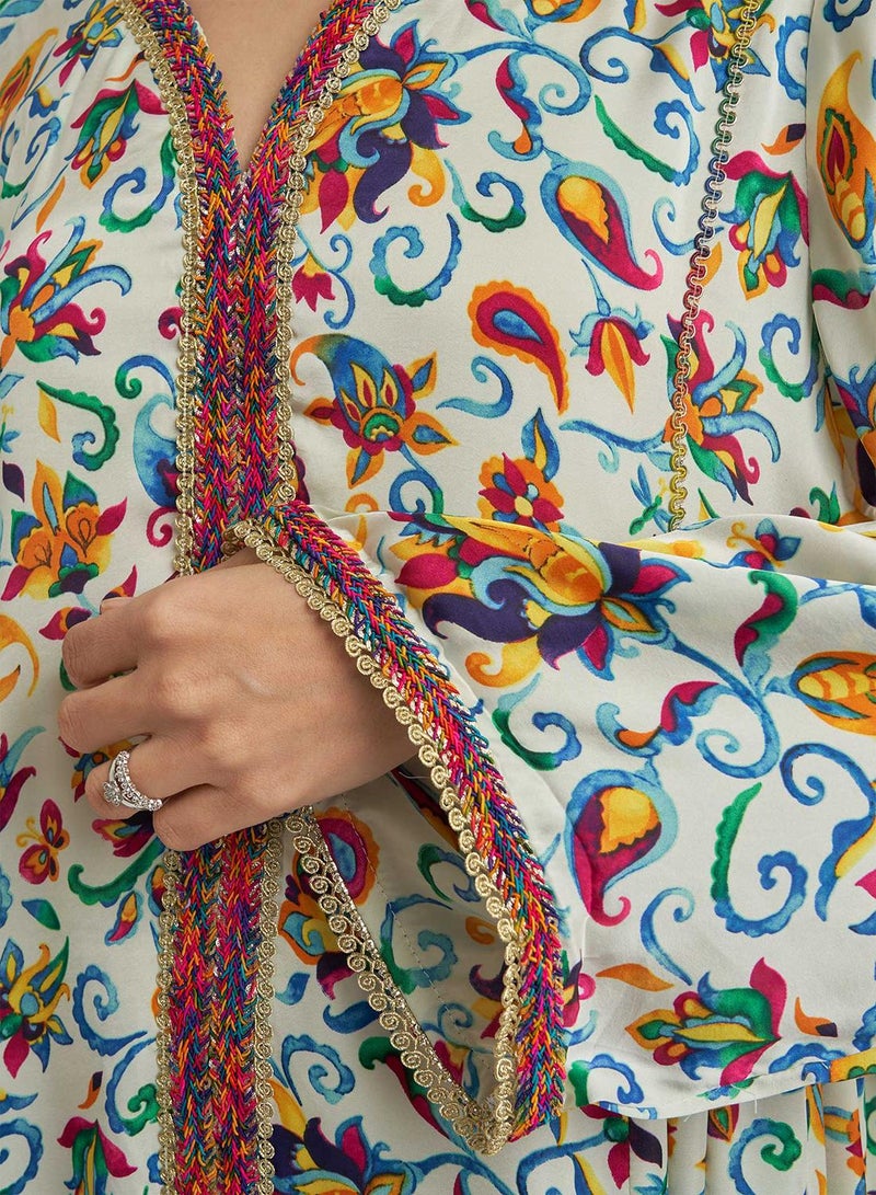 KASHKHA Satin Floral Print Jalabiya with Thread Embroidery - Image 5