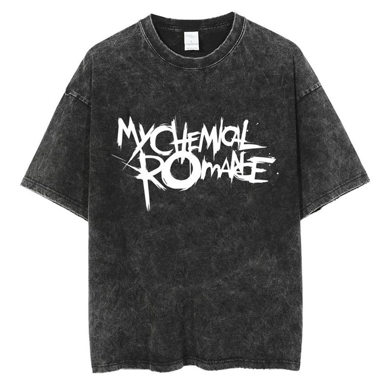 Washed T-Shirt Romantic T-Shirt Short Sleeve My Hip-Hop Cotton Black Rock Music Chemical Men'S And Women'S Team Punk - Image 1