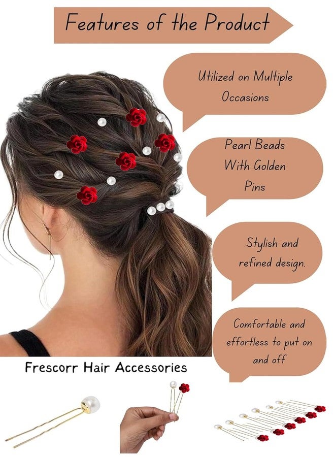 FRESCORR (12-Pieces) Hair Accessories Set | 6 Pearl U-Pins & 6 Red Flower U-Pins | Decorative Beaded Hair Pins for Women & Girls | Bridal Hair Accessories for Weddings, Parties & Special Occasions - Image 2