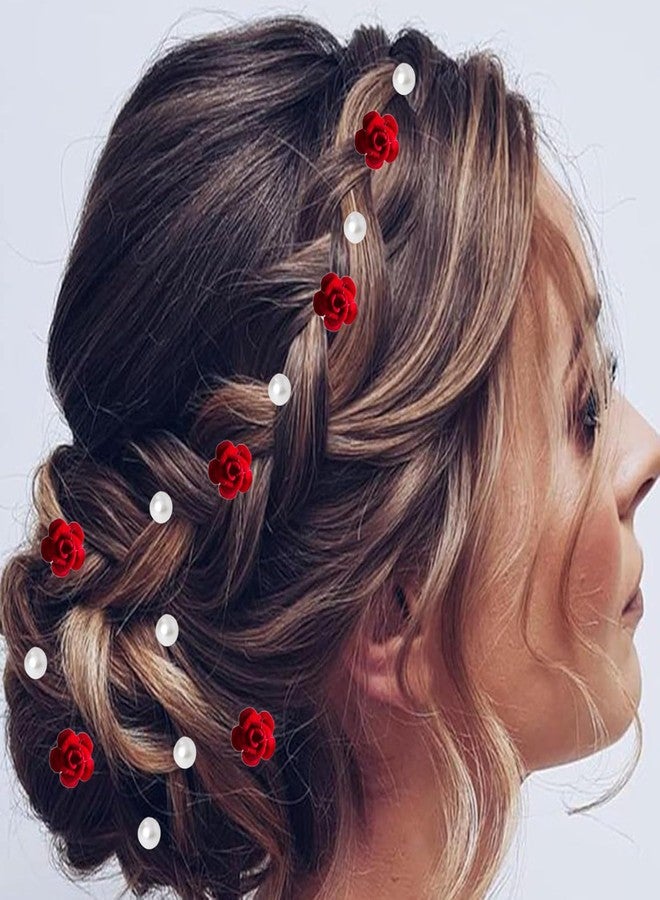 FRESCORR (12-Pieces) Hair Accessories Set | 6 Pearl U-Pins & 6 Red Flower U-Pins | Decorative Beaded Hair Pins for Women & Girls | Bridal Hair Accessories for Weddings, Parties & Special Occasions - Image 1