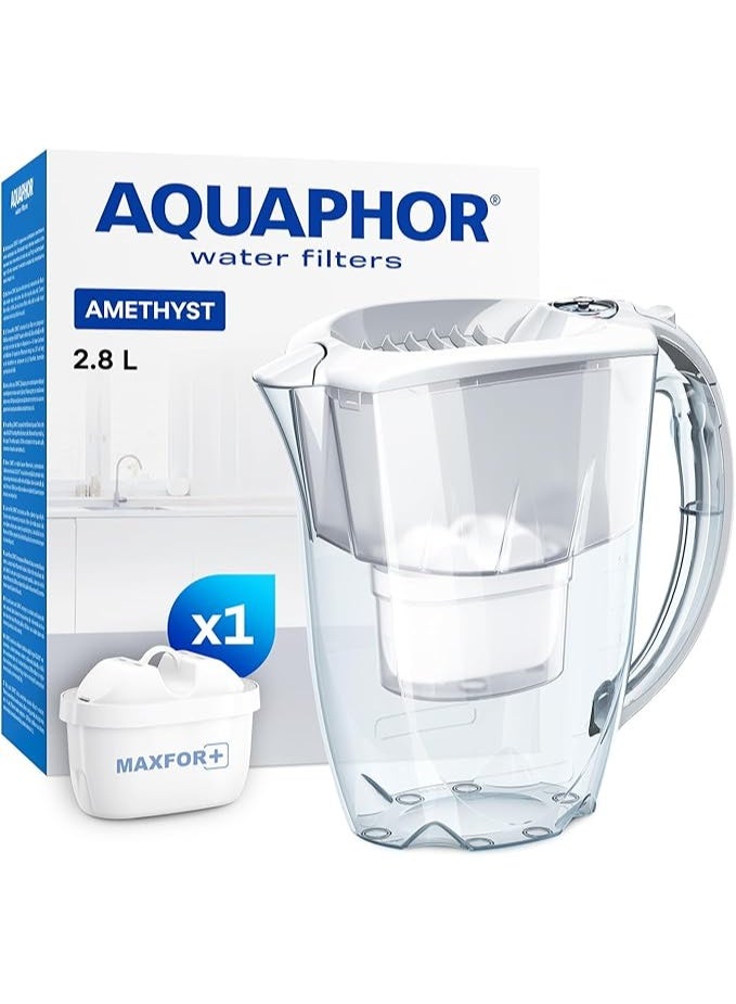 Aquaphor AQUAPHOR Amethyst Water Filter Jug White – 2.8L Capacity | Includes 1 x MAXFOR+ Filter Cartridge (200L) | Reduces Limescale, Chlorine, Heavy Metals & Microplastics | BPA-Free | Compact Fridge-Friendly Design  - Image 1