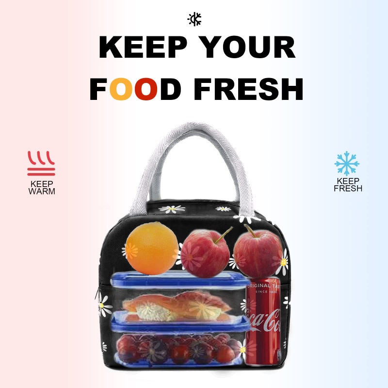 Sonuimy Insulated Lunch Bag Women  Reusable Cute Tote Lunch Box For Adult & Men  Leakproof Cooler Lunch Bags For Work Office Travel Picnic (Black With White Daisy) - Image 3