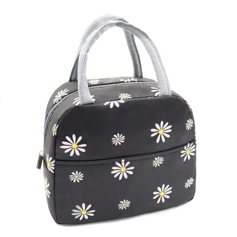 Sonuimy Insulated Lunch Bag Women  Reusable Cute Tote Lunch Box For Adult & Men  Leakproof Cooler Lunch Bags For Work Office Travel Picnic (Black With White Daisy) - Image 1