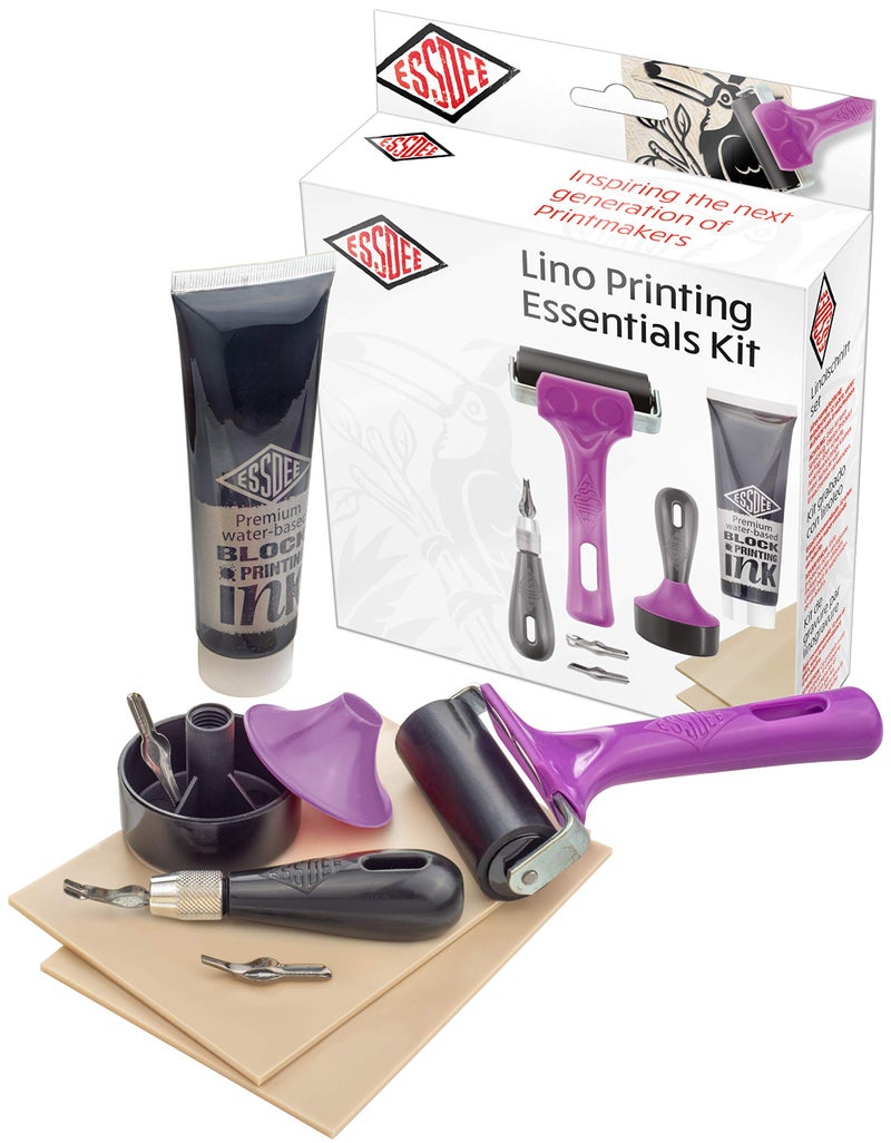 ESSDEE Block Printing Essentials Kit Includes 2 Ink Rollers 3 Lino Cutters Lino Handle Printing Ink and Carving Block  Used in Art Craft and Carving Stamps  Made in The UK