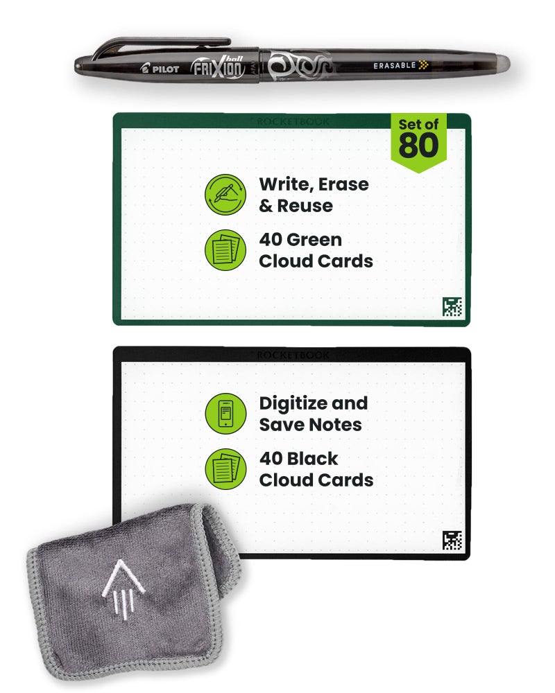 Rocketbook Cloud Cards, Reusable Index Cards, Flashcards, For Study & Presentations 3"x5", With Pen + Towel, Mixed Green & Black (Pack of 80) - Image 1