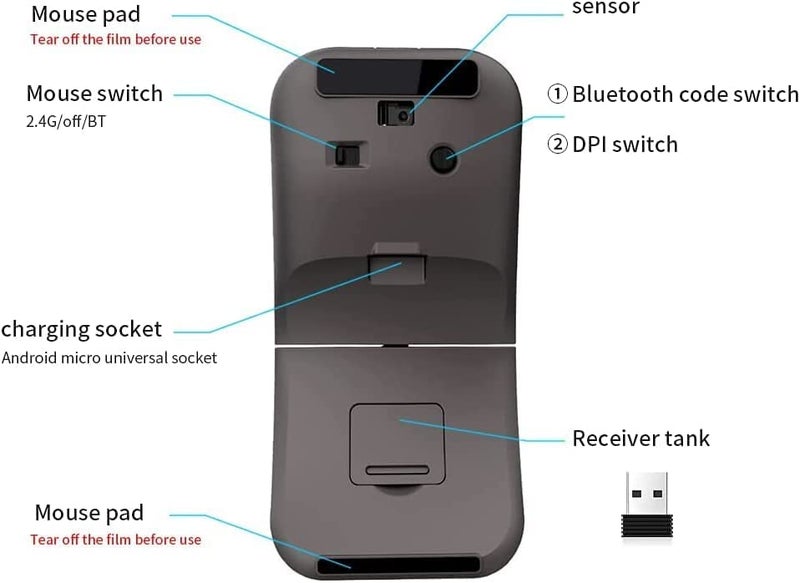 Mikayoo Foldable Arc Wireless Mouse, Bluetooth 5.1 & 2.4G Dual Mode Rechargeable Travel Mouse, Silent Click, 3 Adjustable DPI, Slim Portable Mouse for Laptop, PC, Mac, Office & Travel (Black) - Image 2