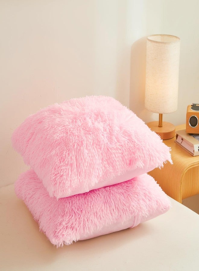 ERLOXO Fluffy Pink Throw Pillow Cover Ultra Soft Fuzzy Plush Throw Pillow Cases with Furry Texture and Shaggy Touch, Faux Fur Cushion Shams for Sofa or Bed, Set of 2 with Zipper 18"x18" - Image 3