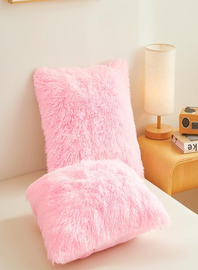 ERLOXO Fluffy Pink Throw Pillow Cover Ultra Soft Fuzzy Plush Throw Pillow Cases with Furry Texture and Shaggy Touch, Faux Fur Cushion Shams for Sofa or Bed, Set of 2 with Zipper 18"x18" - Image 2
