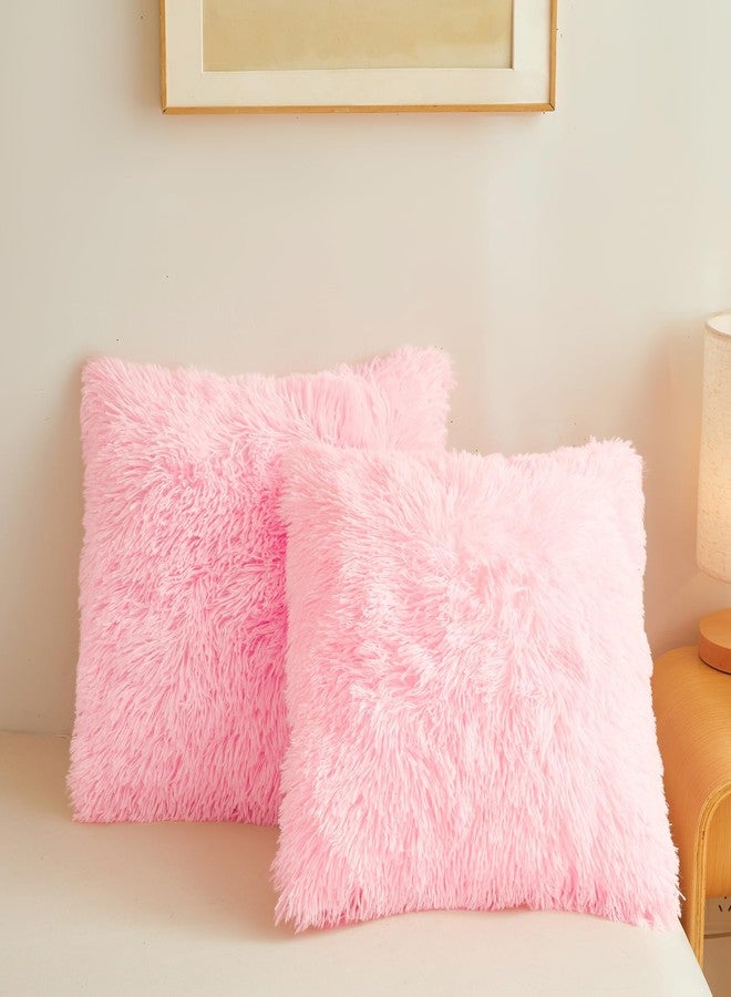 ERLOXO Fluffy Pink Throw Pillow Cover Ultra Soft Fuzzy Plush Throw Pillow Cases with Furry Texture and Shaggy Touch, Faux Fur Cushion Shams for Sofa or Bed, Set of 2 with Zipper 18"x18" - Image 1