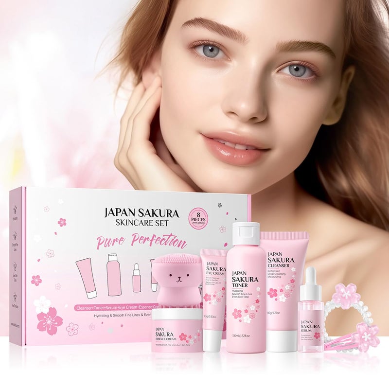 Tiejdhr 8 Pcs SakuraSkincare Set Complete Facial Care with Vitamin C Includes Cleanser TonerSerum Eye Cream Essence Cream Sakura hairpin Sakura hair rope Pink octopus face wash massager - Image 1