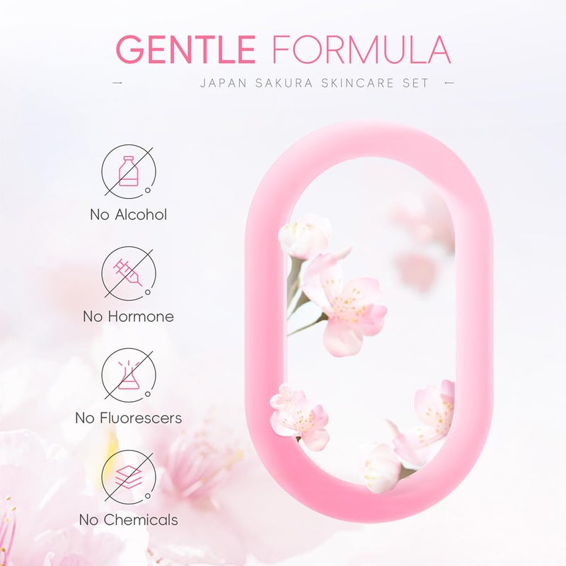 Tiejdhr 8 Pcs SakuraSkincare Set Complete Facial Care with Vitamin C Includes Cleanser TonerSerum Eye Cream Essence Cream Sakura hairpin Sakura hair rope Pink octopus face wash massager - Image 2