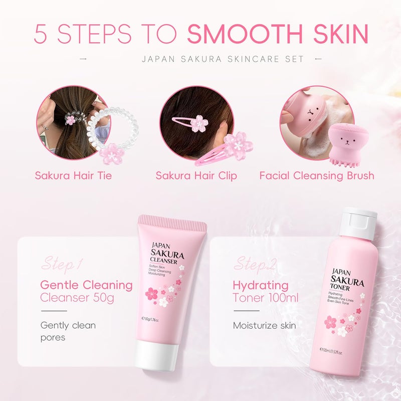 Tiejdhr 8 Pcs SakuraSkincare Set Complete Facial Care with Vitamin C Includes Cleanser TonerSerum Eye Cream Essence Cream Sakura hairpin Sakura hair rope Pink octopus face wash massager - Image 4