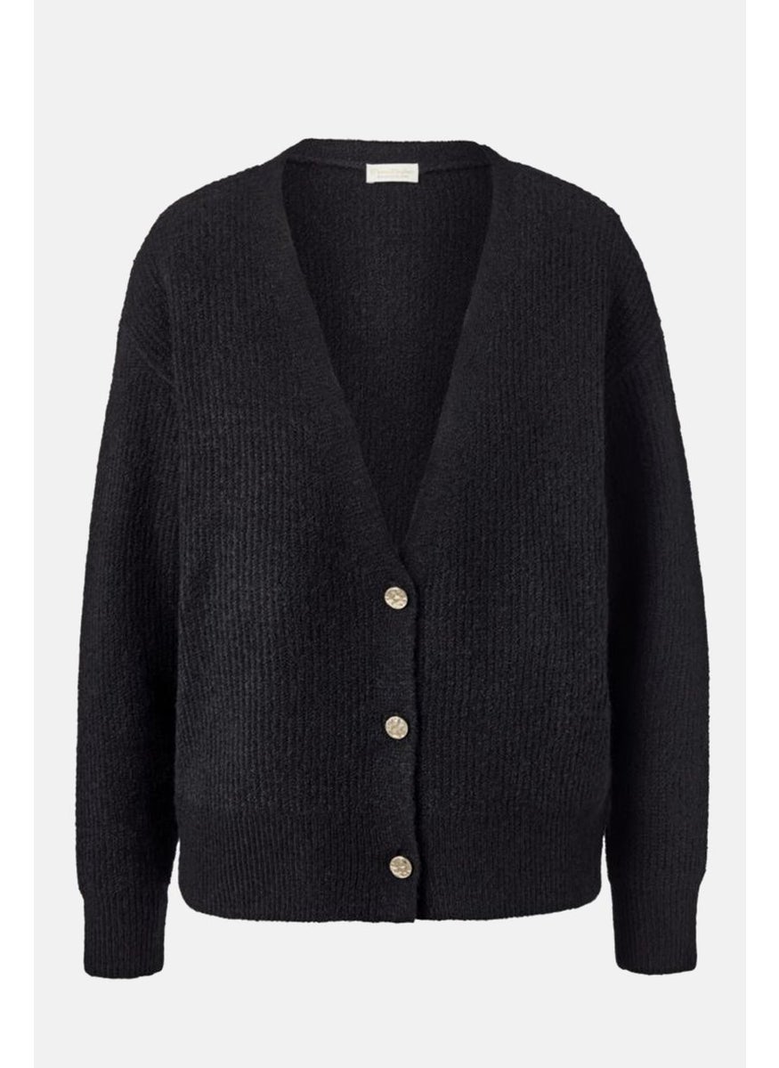 Tchibo Women V-neck Textured Sweater Cardigan, Black  - Image 3