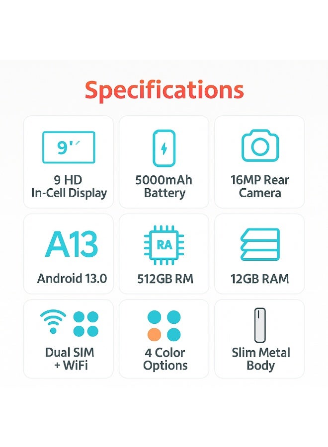 MODIO TAB Modio M190 5G Android Tablet 9-Inch Display, 12GB RAM, 512GB Storage, Dual SIM, Android 13, 5000mAh Battery – Silver - Image 3