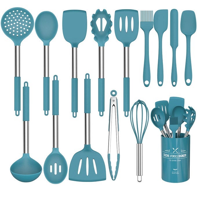 15 PCS SILICONE COOKING UTENSILS KITCHEN UTENSIL SET 446F HEAT RESISTANT STAINLESS STEEL HANDLES KITCHEN GADGETS TOOLS SET FOR NONSTICK COOKWAREBLUE