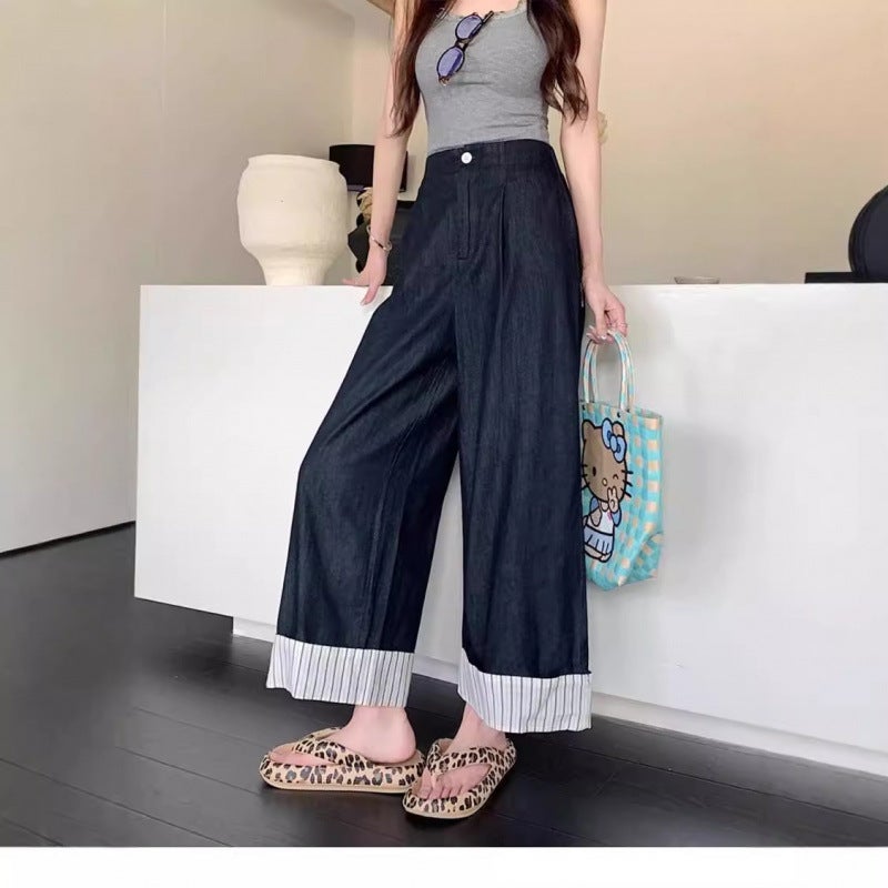 Korean-Style Striped Stitching Fashion Jeans Design Sense Curl-Edge Wide-Leg Pants Retro Dape Sense Casual Ankle-Length Pants Spring New - Image 3
