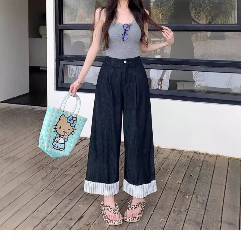 Korean-Style Striped Stitching Fashion Jeans Design Sense Curl-Edge Wide-Leg Pants Retro Dape Sense Casual Ankle-Length Pants Spring New - Image 2