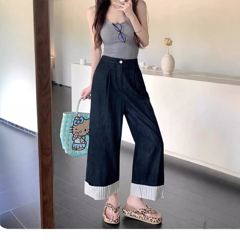 Korean-Style Striped Stitching Fashion Jeans Design Sense Curl-Edge Wide-Leg Pants Retro Dape Sense Casual Ankle-Length Pants Spring New - Image 4