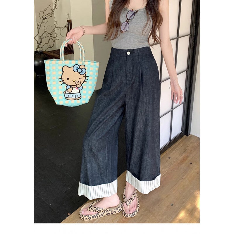 Korean-Style Striped Stitching Fashion Jeans Design Sense Curl-Edge Wide-Leg Pants Retro Dape Sense Casual Ankle-Length Pants Spring New - Image 1