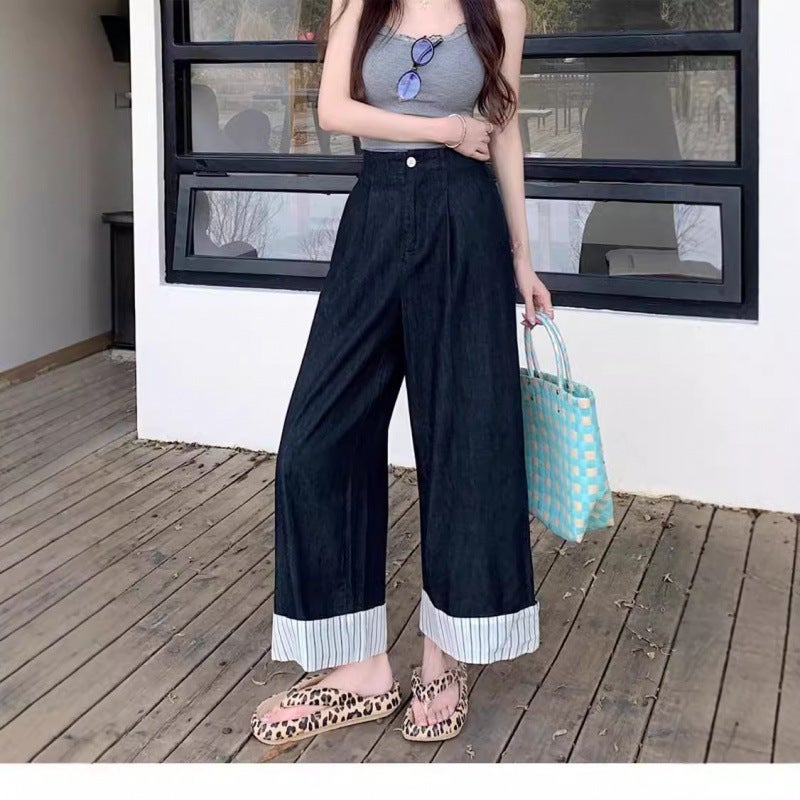 Korean-Style Striped Stitching Fashion Jeans Design Sense Curl-Edge Wide-Leg Pants Retro Dape Sense Casual Ankle-Length Pants Spring New - Image 5