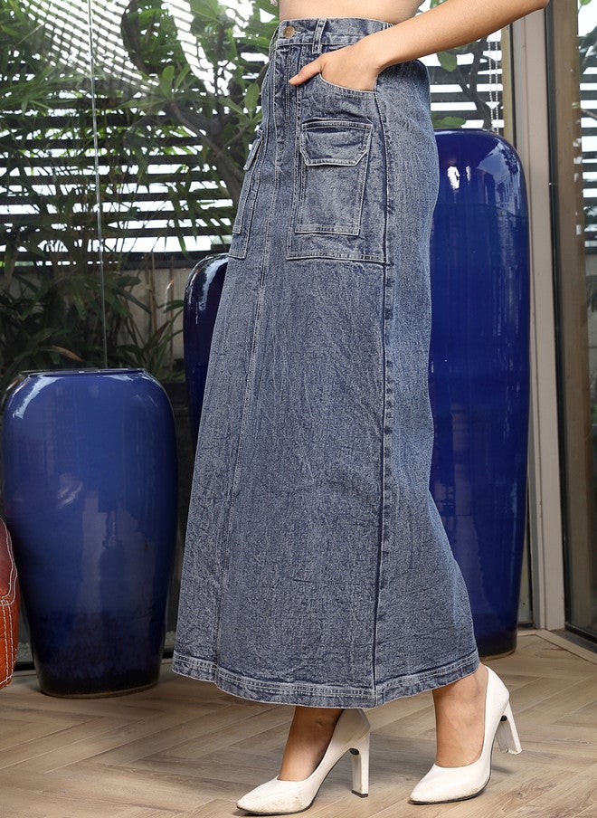 PlusS A-Line Denim Maxi Skirt for Women - Image 4